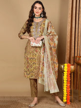 Women Mustard Cotton Geometric Printed Embroidered Straight Kurta Trouser With Dupatta